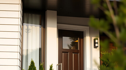 Fototapeta premium Modern House Exterior: Elegant Front Door and Contemporary Design. Discover the beauty of this stunning home's architecture, perfect for real estate and home design inspiration.