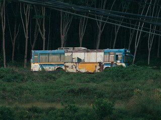 Obraz premium Rusty abandoned bus surrounded by wild vegetation in a remote area