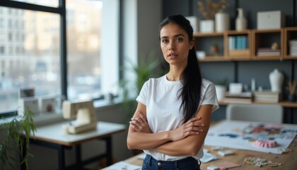 Fototapeta premium A focused young woman stands with her arms crossed in a bright, modern workspace filled with design materials. Her poised expression reflects determination and creativity, embodying the spirit of