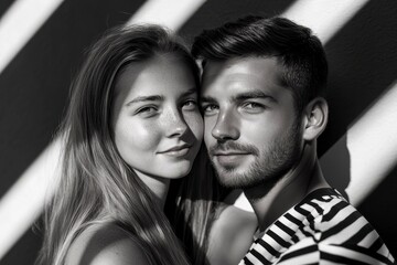Couple Embracing Modern Artistry, striking pose against bold black-and-white striped backdrop, showcasing contemporary style and vibrant connection