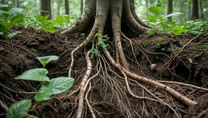 Tree roots intertwine with mossy wood in the spring forest