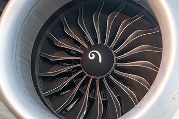 Close-up on a turbofan engine of a commercial airliner