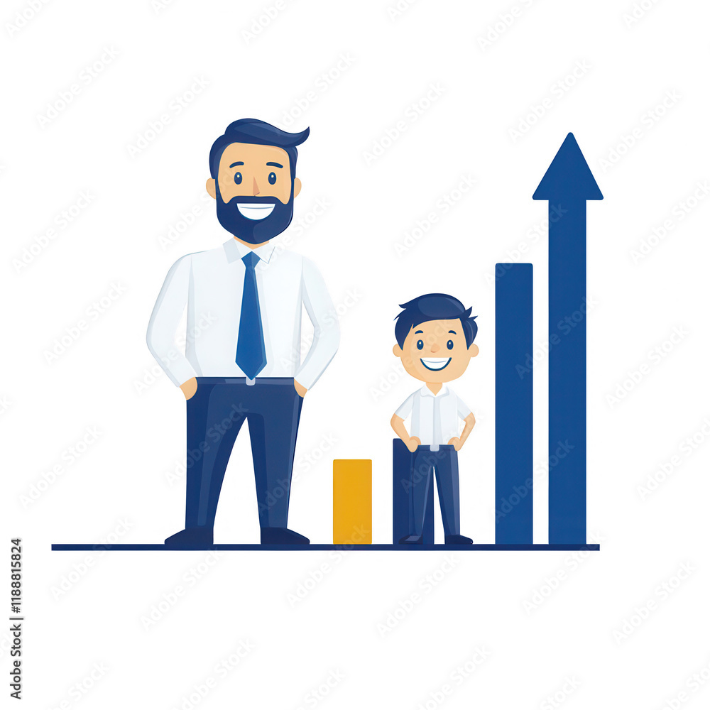 Poster a man and a boy standing next to a bar chart representing growth and success., isolated on a transpa