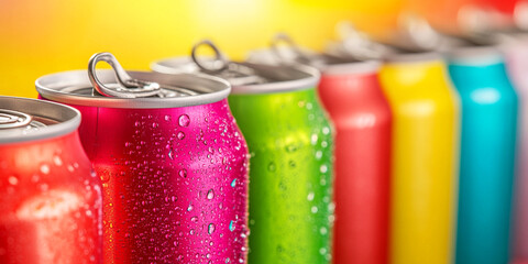 Close up photo of drink cans in a raw. Colorful  cans background. Can Pattern.