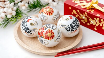 Japanese Koi Fish Decorated Porcelain Balls on Wooden Tray