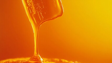 A Golden honey dripping from glass jar, creating warm, inviting atmosphere