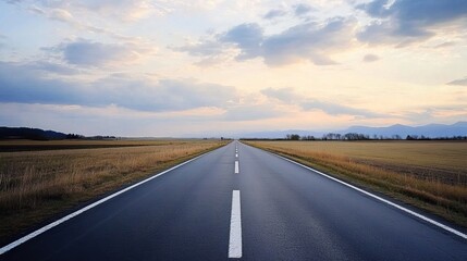 Straight Road Leading into Distance, Open Fields on Both Sides, Cloudy Skies, Smooth Asphalt, Vastness, Freedom, Driving, Walking, Simplicity in Design, Clear Path to Goals, Endless Possibilities