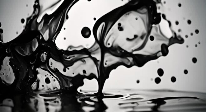 Dynamic black liquid splash art abstract water droplets in motion create stunning patterns and dramatic effects.