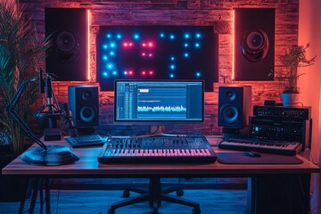 Modern music studio with vibrant neon lighting
