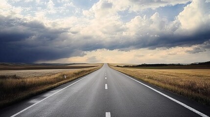 Fototapeta premium Straight Road Leading into Distance, Open Fields on Both Sides, Cloudy Skies, Smooth Asphalt, Vastness, Freedom, Driving, Walking, Simplicity in Design, Clear Path to Goals, Endless Possibilities