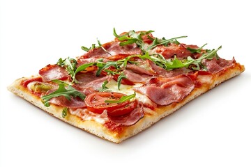 Slice of fresh pizza with vegetables & meat isolated on white background with generative ai