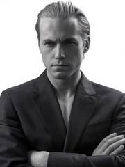 Fototapeta premium Black and White Portrait of a Serious Man Dressed in a Formal Suit on a White Background, showcasing Confidence and Elegance