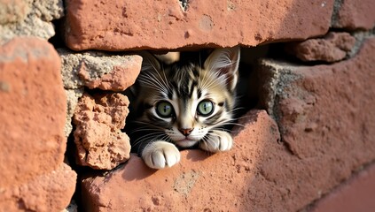 Cute kitten peeking through hole in brick wall.