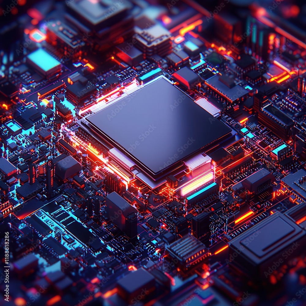 Poster a vibrant, close-up view of a computer circuit board featuring intricate components and glowing ligh