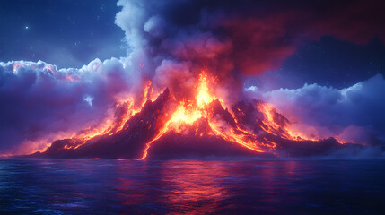 A dramatic volcanic eruption with lava flowing into the ocean under a starry sky.