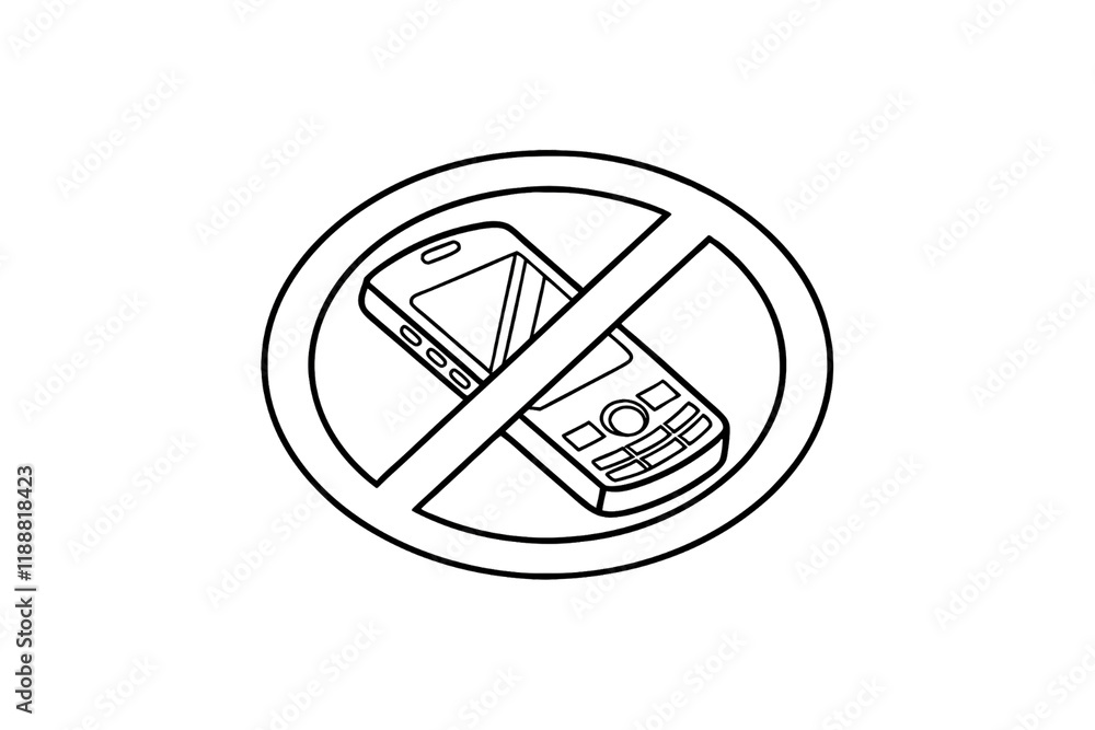 Poster a classic mobile phone crossed diagonally within a circle, emphasizing no sound or silenced state, i