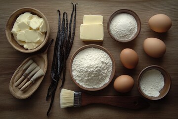 Ingredients for baking including eggs flour and butter on a rustic table
