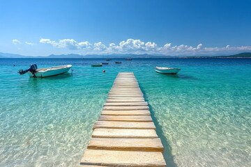 Obraz premium Wooden pier leading into crystal-clear turquoise ocean