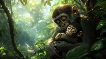 Obraz premium Mother monkey tenderly cradles her sleeping baby in a lush rainforest.