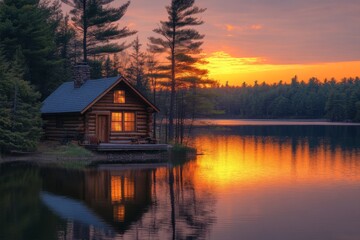 Fototapeta premium Cozy lakeside cabin reflecting in calm water during sunset