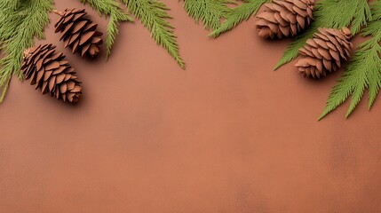 Winter Holiday Festive Brown Background with Pine Cones and Greenery