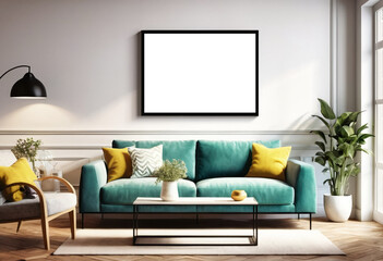 Modern living room with turquoise sofa, decorative pillows, and blank wall frame for copy space