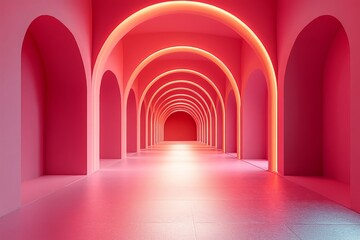 Fototapeta premium 3D render of a red arched tunnel with simple lines, soft lighting, and symmetrical composition in a minimalistic background, high resolution.