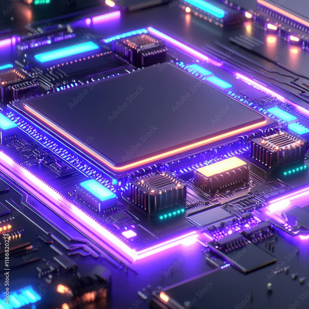 Poster a vibrant close-up of a futuristic microchip, featuring glowing circuits and intricate components, s