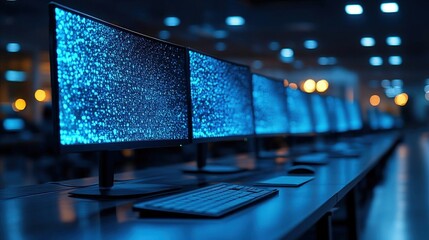 Row of computers with glowing blue data screens in a dark room