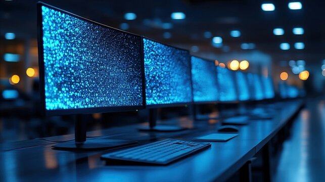 Row of computers with glowing blue data screens in a dark room - Powered by Adobe