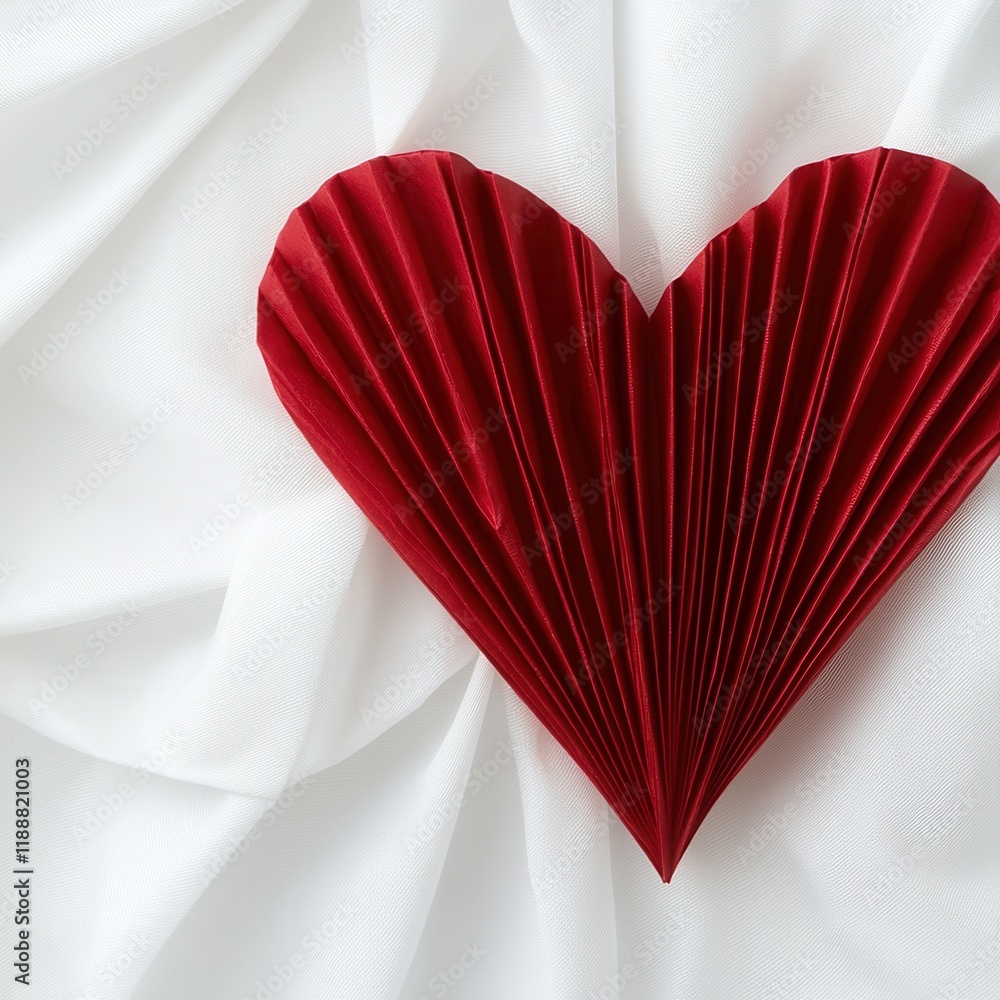 Poster a red, pleated heart shape is displayed on a white fabric background, creating a romantic and artist
