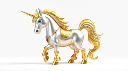 Fototapeta premium Golden 3D Unicorn Cartoon Illustration with a Shimmering Appearance on a White Background