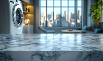 Marble countertop, city view, laundry, modern apartment, product display
