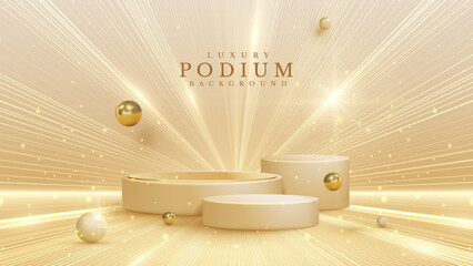 Empty elegant podium golden on cream color background with light neon effects and glow bokeh with gold ball decorations. Luxury scene design concept.