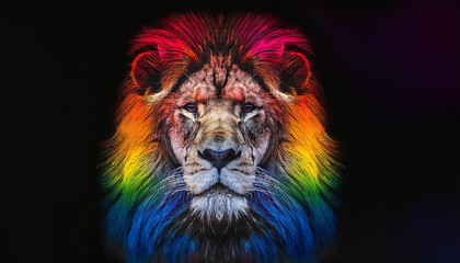 Naklejka premium colourful abstract artwork of a lion in a rainbow palette on a black historical past