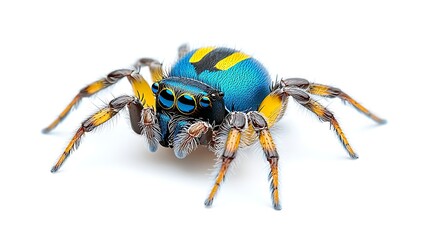 Vibrant Blue   Yellow Jumping Spider Macro Photography