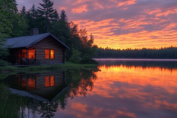 Fototapeta premium Log cabin by a lake during a colorful sunset with reflections on water