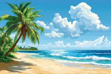 Fototapeta premium Tropical beach with turquoise water and palm trees under a sunny sky