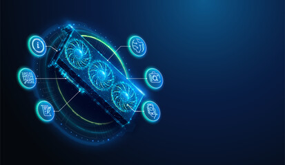 Abstract illustration of low poly GPU graphics card accelerator with AI themed lineart icons. Geometric background on artificial intelligence technology computing hardware concept by wireframe mesh
