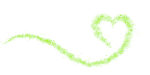 Fototapeta premium Green star trail in the shape of a heart. Shimmering dust flying and leaving behind a heart-shaped trail. Bright dust particles glow with the special festive light of Christmas. PNG. 
