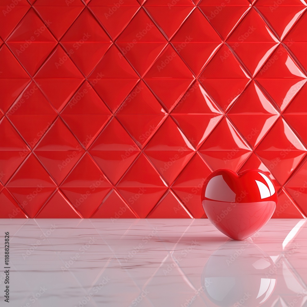 Poster a vibrant red tiled wall with a glossy finish, featuring a heart-shaped object in front, creating a 