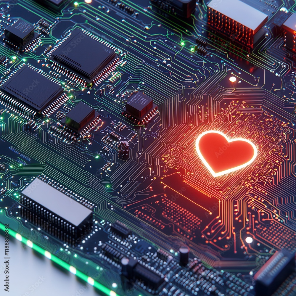 Poster a heart-shaped glow illuminates a circuit board, blending technology and emotion in a vibrant displa
