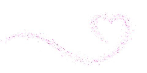 Pink star trail in the shape of a heart. Shimmering dust flying and leaving behind a heart-shaped trail. Bright dust particles glow with the special festive light of Christmas. PNG.