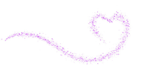 Purple star trail in the shape of a heart. Shimmering dust flying and leaving behind a heart-shaped trail. Bright dust particles glow with the special festive light of Christmas. PNG. 