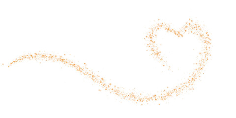 Orange star trail in the shape of a heart. Shimmering dust flying and leaving behind a heart-shaped trail. Bright dust particles glow with the special festive light of Christmas. PNG.  