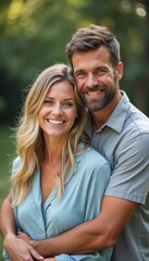 A happy couple stands closely together in a lush green park, radiating warmth and affection. Their genuine smiles and relaxed poses capture the essence of love and companionship in a serene outdoor