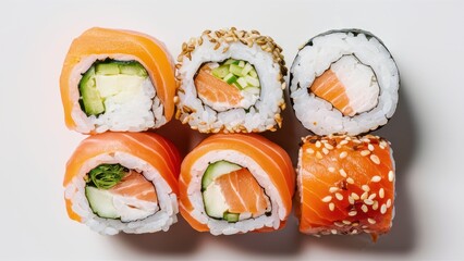 Japanese cuisine, assorted sushi rolls, vibrant colors, fresh ingredients, salmon nigiri, maki rolls, uramaki, diverse textures, sesame seeds, nori seaweed, rice, seafood, appetizing presentation, ove