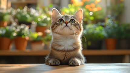 A cute cat looking up on the wooden table on garden background and light warm