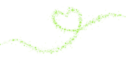 Green star trail in the shape of a heart. Shimmering dust flying and leaving behind a heart-shaped trail. Bright dust particles glow with the special festive light of Christmas. PNG. 