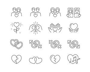 Icon collection containing 16 editable stroke icons. Perfect for logos, stats and infographics. Edit the thickness of the line in Adobe Illustrator (or any vector capable app).